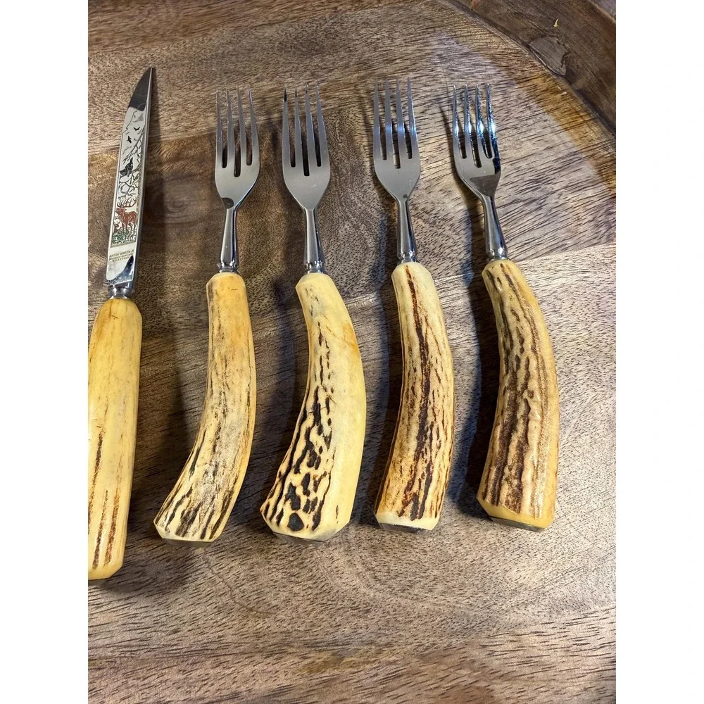 Vintage Anton Wingen Jr. Stag Horn Knife & Fork Set: German Etched Flatware 8 Pc